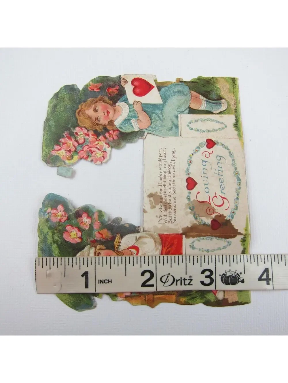 Vintage Valentine Blonde Boy Plays Gold Mandolin Girl Blue Dress Pink Flowers
